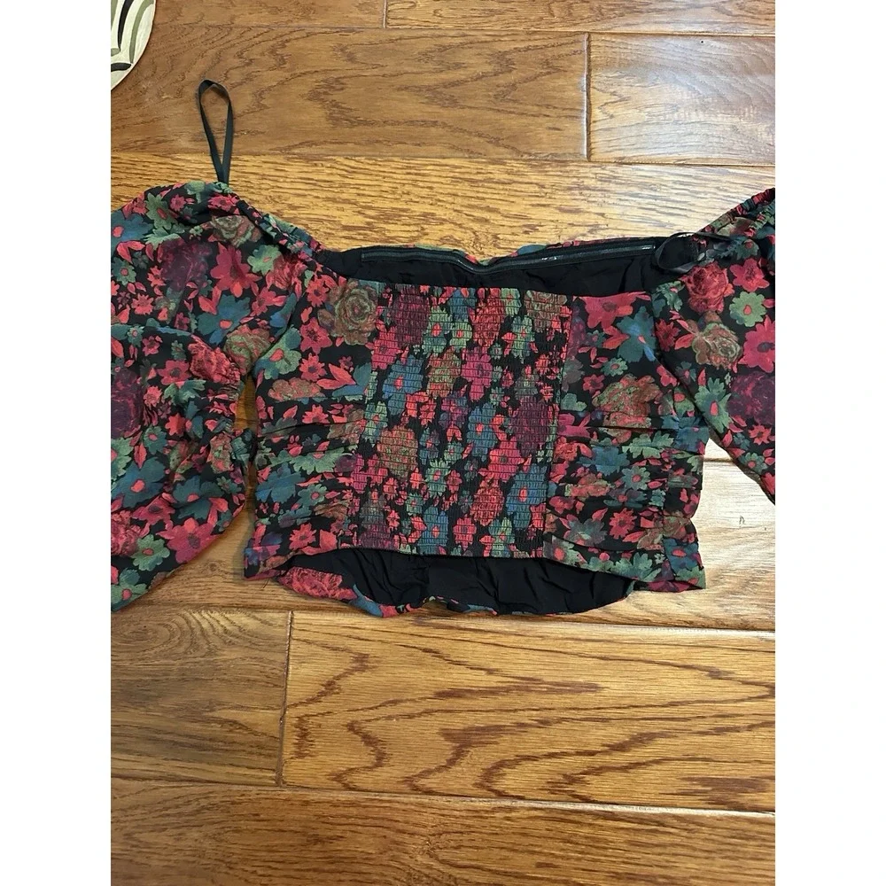 Free People Floral Off Shoulder Crop Top S 3D Rosette Ruched Long Sleeve